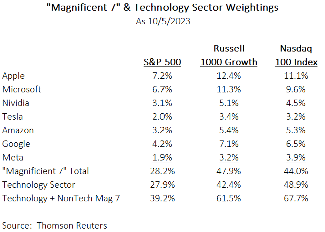 table: Over the past couple of years, major Indexes have become more concentrated in Mega-Caps and expensive longer duration equities (Technology sector).